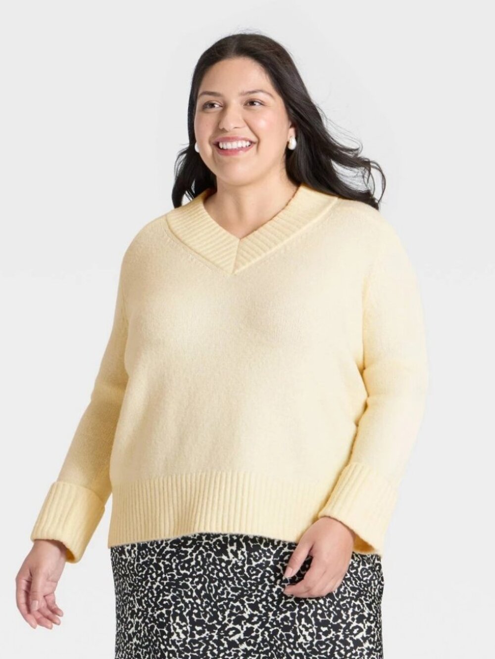 Women's Long Sleeve V-Neck Cozy Knit Boxy Pullover Sweater - a New Day™ Cream 1X